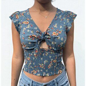 Floral Print Blue Smocked Crop Top With Tie Front & Flutter Sleeves - Size M
